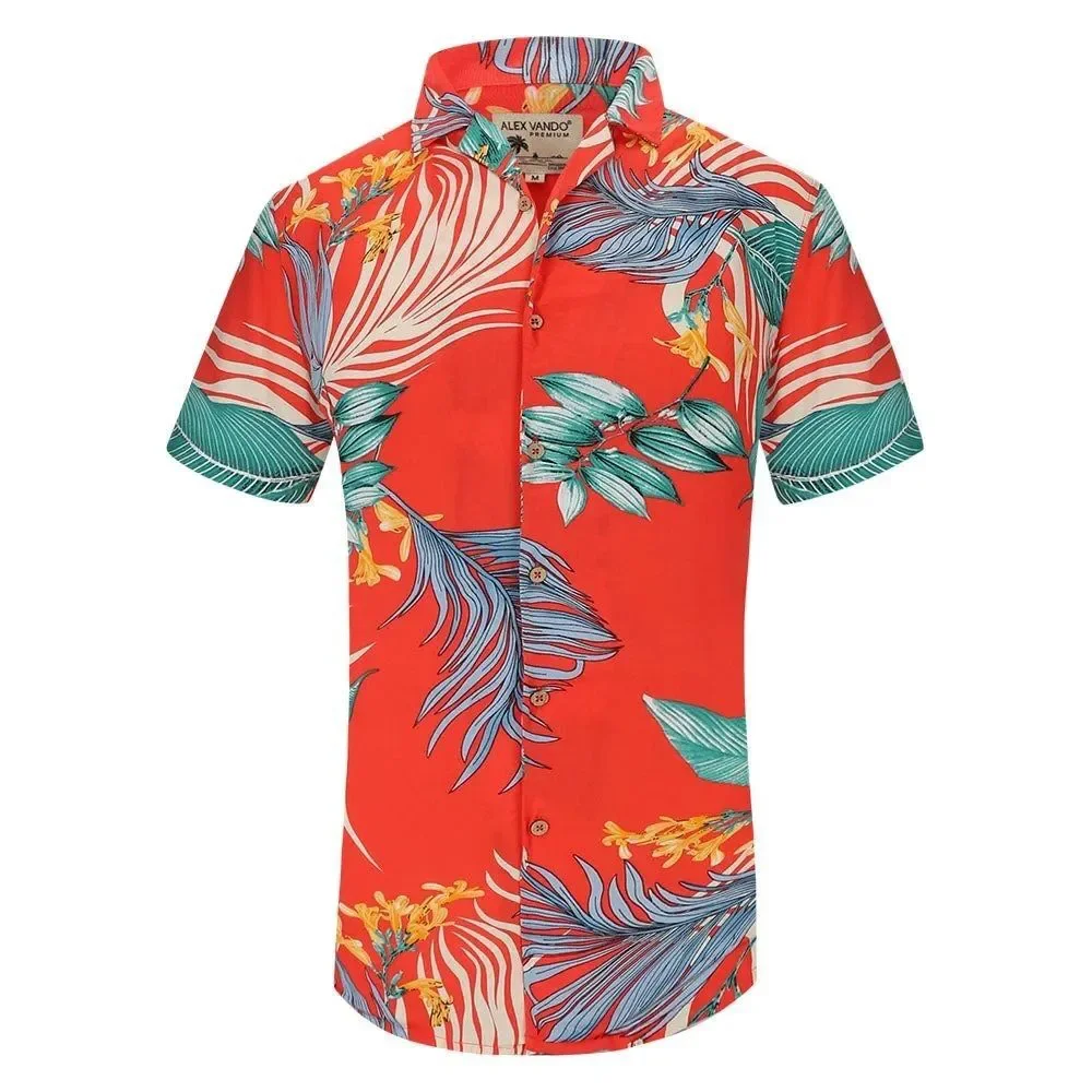 Alex Vando Premium Aloha Beach Hawaiian Button Down Shirt Orange Leaf Medium